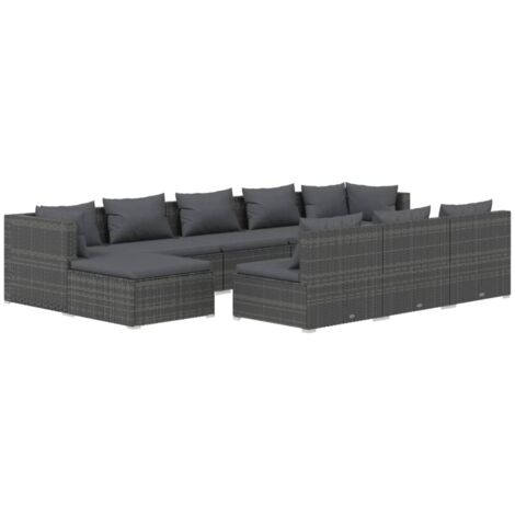 10 PCS Garden Lounge Set con cojines de mimbre gris