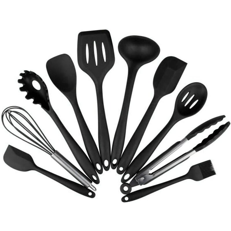 Langray - 10 pcs kit Ustensiles de Cuisine en silicone, sans BPA-Noir -