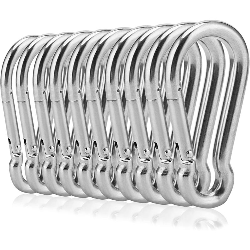 10 pcs M8 Mousqueton en Acier Inoxydable, Clip Mousqueton à Ressort de la Chaîne, Mousqueton de Fixation pour Camping, Randonnée, Pêche, Capacité de