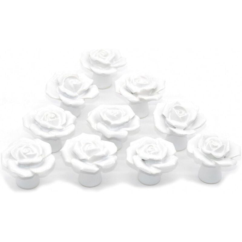 Image of Petites Ecrevisses - 10 Pcs Manopole per Mobili in Ceramica Forma Fiore Rosa Pomello per Cassetto Armadio con Viti - Bianco