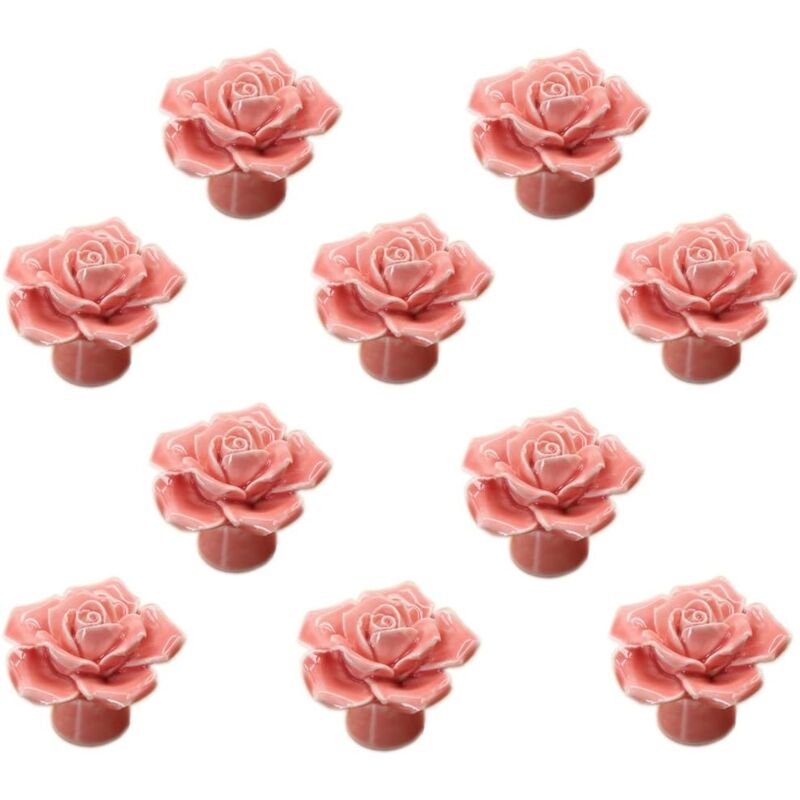 Image of 10 Pcs Manopole per Mobili in Ceramica Forma Fiore Rosa Pomello per Cassetto Armadio con Viti - Rosa