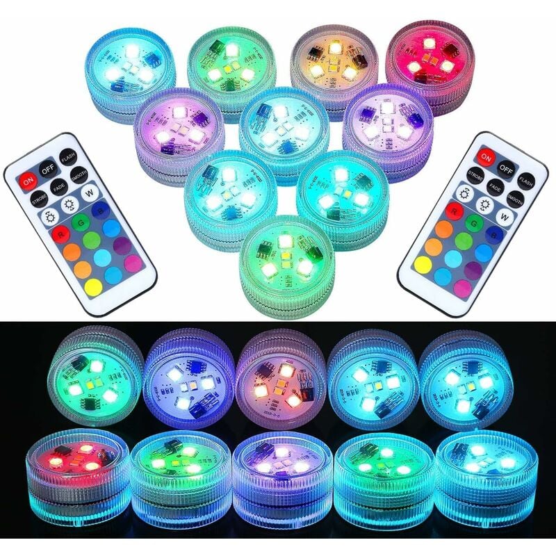 10 pcs Mini Lumières led Submersible, Mini Led Lampe Aquarium,Lampe sous-Marines Étanche rgb Multicolore Bougies led Éclairage avec 2 Télécommandes