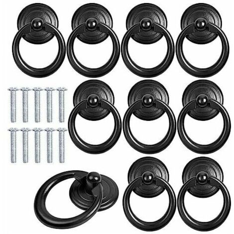 10 Pcs Noir Poignée d'Armoire Metal Bouton de Porte Tiroir Bague Poignée de Traction Classique Poignee de Meuble Rond Bouton de Meuble Poignées de Tirage avec Vis pour Armoire Placard Commode