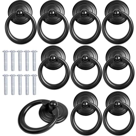 10 Pcs Noir Poignée d'Armoire Metal Bouton de Porte Tiroir Bague Poignée de Traction Classique Poignee de Meuble Rond Bouton de Meuble Poignées de Tirage avec Vis pour Armoire Placard Commode