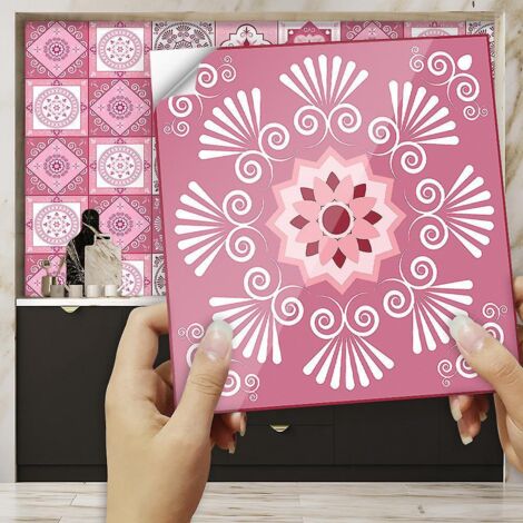 10 Pcs Papier Peint Carrelage Autocollant Rose Romantique 10 X 10 Cm Style Mosaque Sticker Mural Film Dcoratif Impermable Pour Carreaux De Mur De