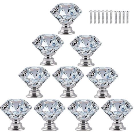 10 Pcs Poigne Bouton De Porte Placard Meuble Tiroir Armoire, 30mm Diamant De Verre Cristal Avec Vis - Transparent