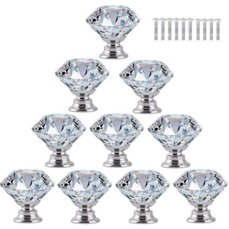 10 pcs Poignée Bouton de Porte Placard Meuble Tiroir Armoire, 30mm Diamant de Verre Cristal avec Vis - Transparent