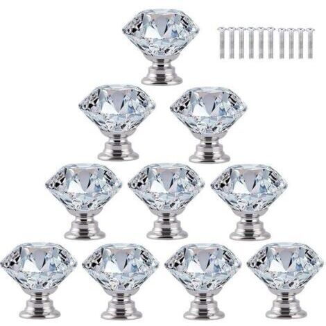 10 pcs Poignée Bouton de Porte Placard Meuble Tiroir Armoire, 30mm Diamant de Verre Cristal avec Vis - Transparent