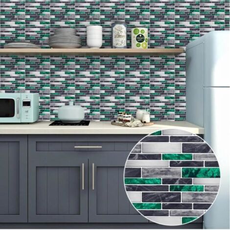 10 Pcs Stickers Carrelage Rectangulaire Vert Gris Mosaïque 30x15cm Auto-adhésif Autocollants Carreaux Tuile pour Salle de Bain Cuis