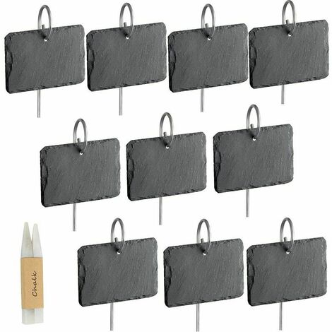 10 Pcs ��tiquettes Plantes en Ardoise pour Plantes, Marqueurs de Plantes de Jardin,��tiquettes Naturelles avec Piquets en M��tal et Stylos �� Craie pour Cour, L'ext��rieur &Serre