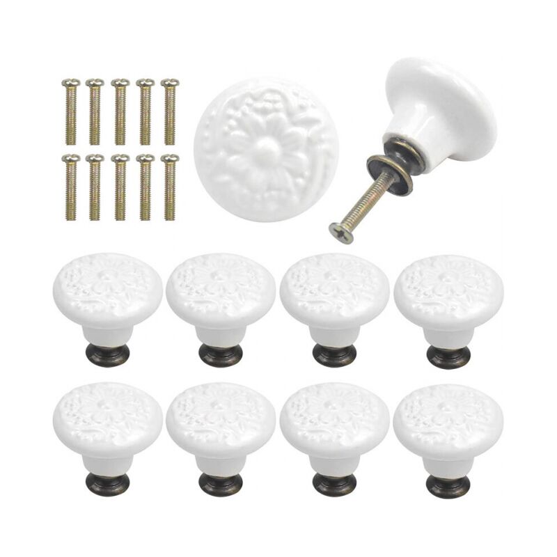 Cyslmuk - 10 Pcs - White Ceramic Drawer Knobs Vintage Engraving Round Cabinet Door Handle with Screws