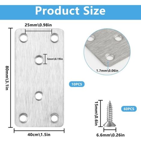 10 pezzi di piastre forate, piastre angolari di assemblaggio, connettori per legno, connettori piatti in acciaio inox, connettori di riparazione, ferro piatto forato, con 60 viti, 80x40x17mm