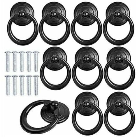 10 pezzi maniglie per cabinet in metallo nero, pomello porta e cassetto, ring pull classico, maniglia mobili, pomello mobili rotondo, pull handles per cabinet, armadi e cassetti con viti