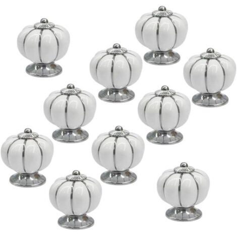 10 pezzi Maniglie rotonde in ceramica bianca a forma di zucca per armadi e mobili, con base cromata, maniglie per cassetti e pomelli per porte.