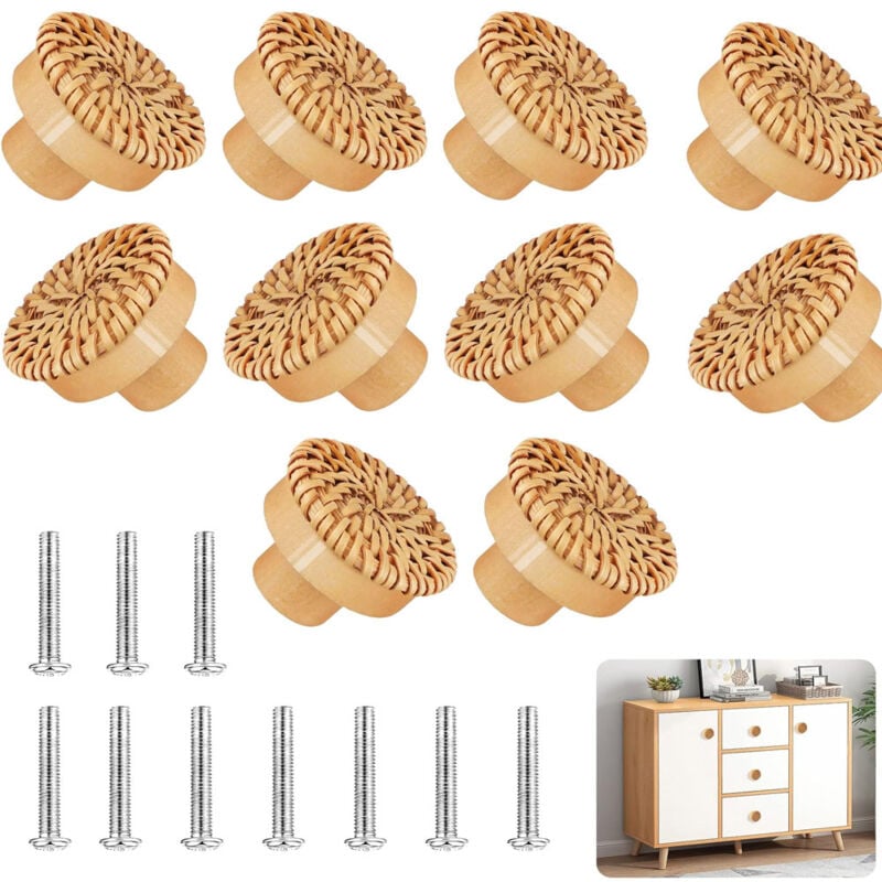 Image of 10 Pezzi Pomelli in Rattan Pomelli per Mobili, Legno Rattan Manopole Rotonde, Pomello per Armadio da Cucina per Armadio, Porta, Cassetto