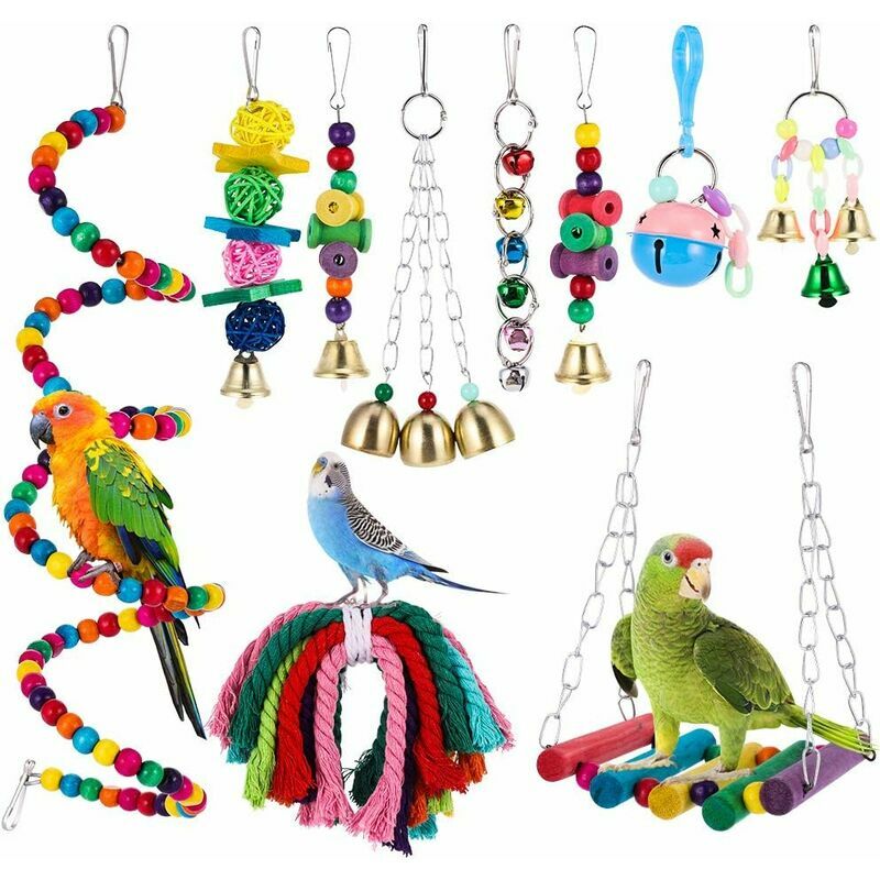 Nvees - 10 Pièces Jouets pour Oiseaux - Jouets d'escalade Couleur, Balanoires, échelles, Perchoirs, Cloches - pour Birdie, Perroquet, Pinsons,