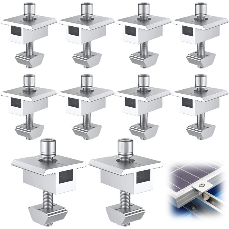 Minkurow - 10 Pièces Support de Panneau Solaire en Aluminium, Bornes Centrales en Forme de t, Fixation de Panneau Solaire pv, Support de Montage