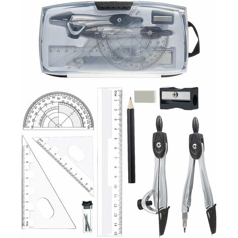 10 Pièce Ensemble de Géométrie - Règle Protractor Compass Pencil Recharges Plomb Crayon, Gomme pour les élèves Dessins Techniques