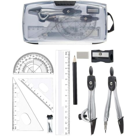 10 Piece Geometry Set - Ruler Protractor Compass Pencil Refills Pencil Lead, Eraser for Students Technical Drawings