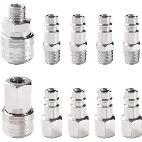 10 Pièces 1/4" BSP Coupleur Pneumatique d'air Kit, Raccord Rapide Européen, Compresseur d'Air, pour Tuyau Compresseur, Argent -