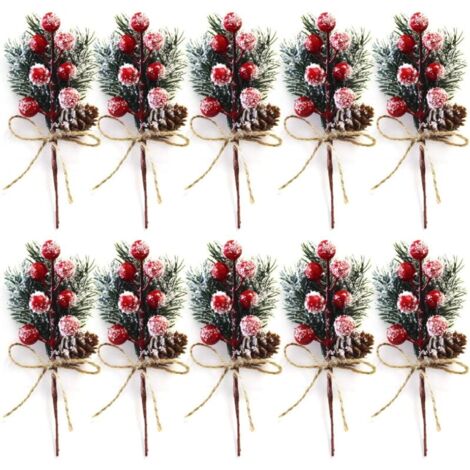 10 Pieces 20 cm Long Red Christmas Berry Stems - Small Artificial Christmas Sticks and Sprays with Pine Cones, Holly, Christmas Berries, Floral Decorations for Christmas Wreaths, YMYNY