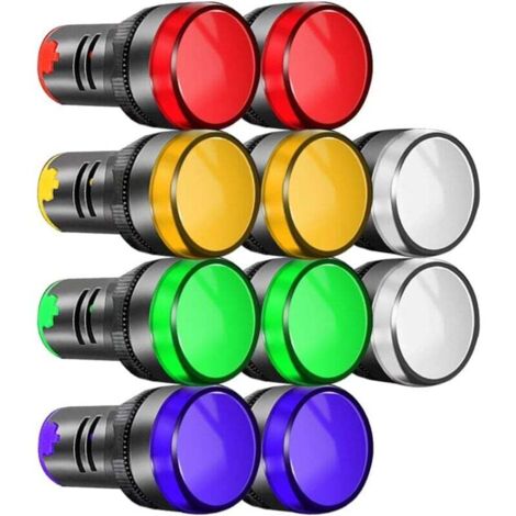 10 pieces 22 mm indicator light 220-380 VAC LED flush-mounted (red/green/blue/amber/white, 2 pieces each color) MUMU