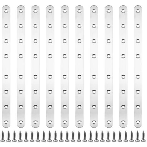 10 pièces 293 x 19 x 3 mm Pattes D'assemblage Supports de Fixation Droits Plats Plaques Dassemblage Métalliques en Acier Inoxydable avec 80 vis de Fixation pour Cadres de Lit, Chaises, Tables