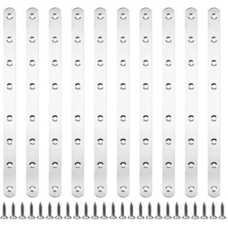 10 pièces 293 x 19 x 3 mm Pattes D'assemblage Supports de Fixation Droits Plats Plaques Dassemblage Métalliques en Acier Inoxydable avec 80 vis de Fixation pour Cadres de Lit, Chaises, Tables