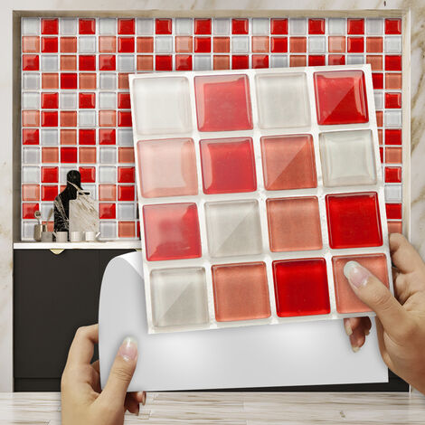 10 Pièces Autocollants Carrelage, Décoration Adhésive en PVC Imperméable à l'huile, Autocollants de Carrelage de Salle de Bains de Cuisine de Style Mosaïque (10x10cm,Rouge)