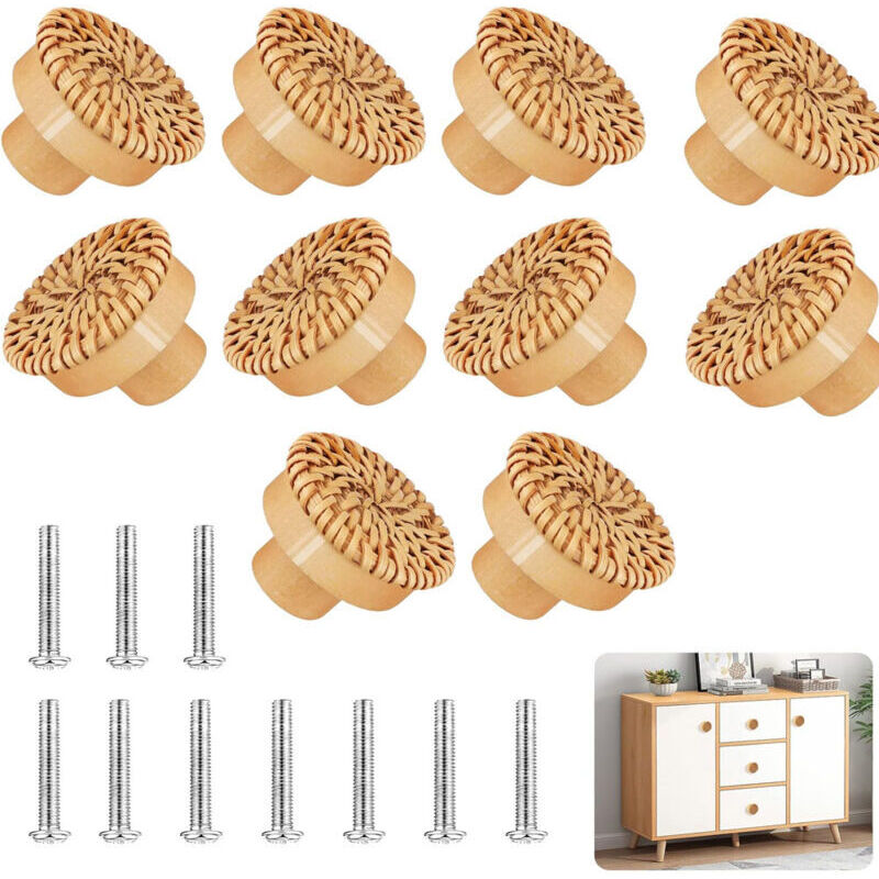10 Pièces Boutons de Meuble en Rotin Bois Poignée de Meuble Bouton Cuisine de Placard pour Armoire Porte Tiroir