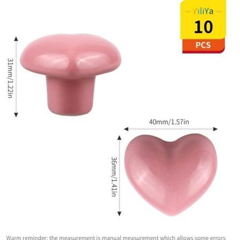 10 Pièces Boutons de Porte,Poignée en Forme de Coeur Boutons de Meuble Boutons de Céramique Rose pour Armoire Placard Chambre d'enfant
