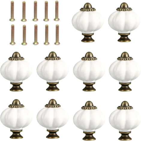 10 Pièces Citrouille Bouton de Meuble Blanc, 30 mm Poignée Meuble avec Vis de Montage, Bouton Tiroir en céramique et Alliage de Zinc, aux Meubles de Cuisine, de Chambre et de Salon