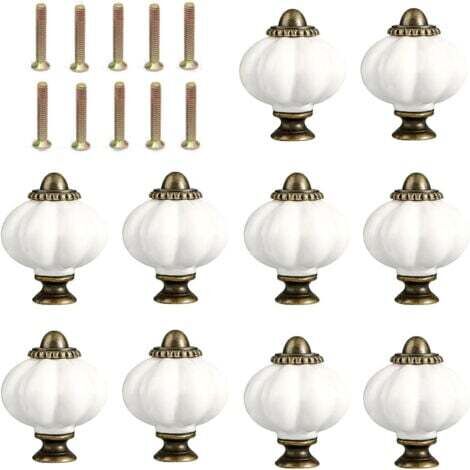 10 Pièces Citrouille Bouton de Meuble Blanc, 30 mm Poignée Meuble avec Vis de Montage, Bouton Tiroir en céramique et Alliage de Zinc, aux Meubles de Cuisine, de Chambre et de Salon