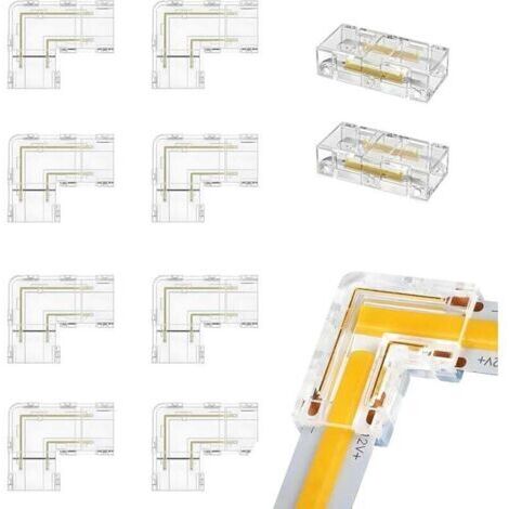 10 Pièces Connecteurs pour Ruban, 8mm 2 Pin Led COB Bande Connecteur D'angle 8 PCS Connecteurs Type L/Angle 2 PCS Transparent Connecteurs Intermédiaires Sans Espace pour les Lumières LED Srtip