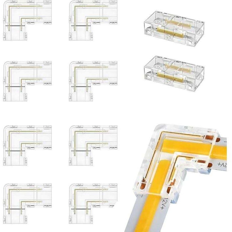 10 Pièces Connecteurs pour Ruban, 8mm 2 Pin Led COB Bande Connecteur D'angle 8 PCS Connecteurs Type L/Angle 2 PCS Transparent Connecteurs