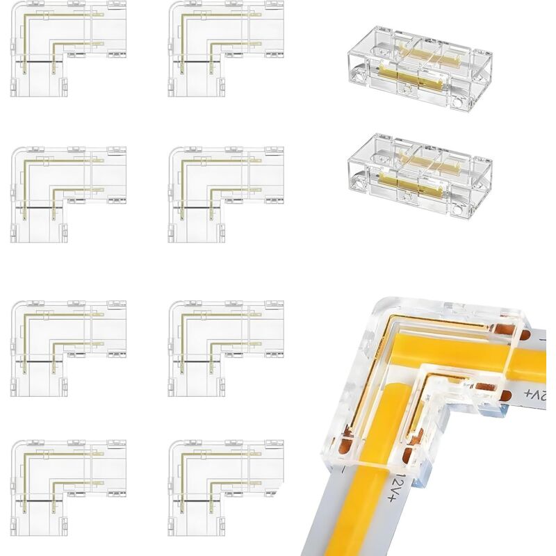 10 Pièces Connecteurs pour Ruban, 8mm 2 Pin Led COB Bande Connecteur D'angle 8 PCS Connecteurs Type L/Angle 2 PCS Transparent Connecteurs