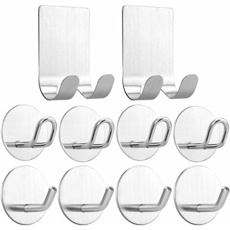 10 Pièces Crochet Adhésif, Crochet 304 Mural En Acier Inox Sans Perçage Porte Serviette En Imperméable et Antirouille pour la Cuisine, Salle de Bain, le Salon et le Bureau - Argent Mat