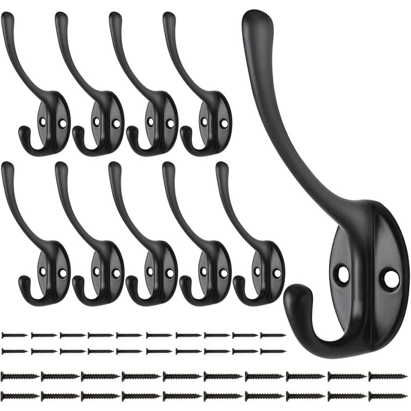 10 Pièces Crochet Mural Patère Noir, Porte Manteau Murale Vintage Crochet pour manteau Crochet col de cygne Crochet Mural Double avec 40 vis, pour