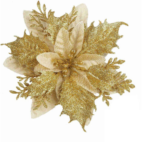 10 pièces de décorations de Noël, fleurs de Noël artificielles, guirlande de paillettes d'arbre de Noël, pendentifs de fleurs artificielles, or, 14 cm