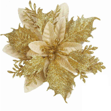 10 pièces de décorations de Noël, fleurs de Noël artificielles, guirlande de paillettes d'arbre de Noël, pendentifs de fleurs artificielles, or, 14 cm