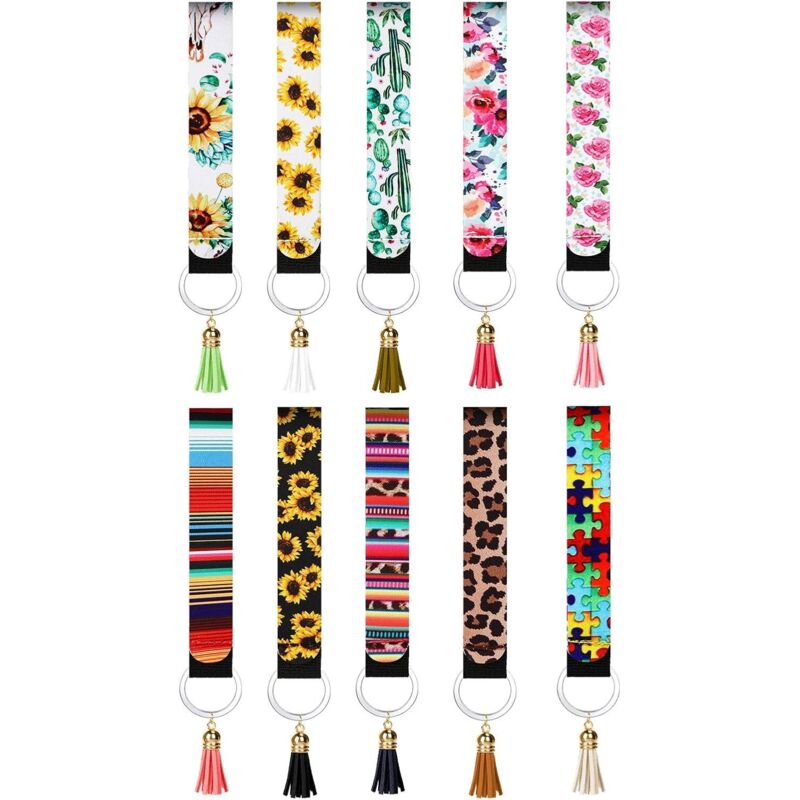 10 pièces de lanière de poignet à la main porte-clés porte-clés en néoprène et 10 pièces de pendentifs à pompons colorés pour les femmes voyageant