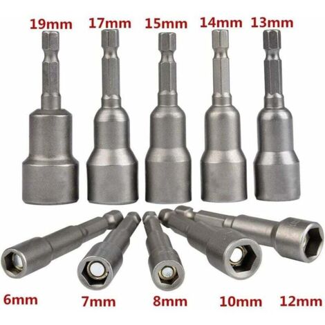 10 Pièces Douille Magnétique Visseuse: Embout Aimanté pour Visseuse à Choc 6-19mm 1, 4" Adaptateur Embouts Douilles Hexagonale