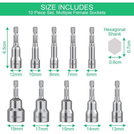 10 Pièces Douille Visseuse, Magnétique Hexagonale 6/7/8/10/12/13/14/15/17/19, pour Perceuse à Main, Tournevis Électrique