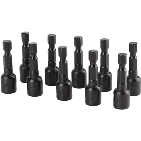 10 Pièces Douilles Hexagonales Noires Magnétiques Puissantes pour Visseuse Électrique 45 x 8mm
