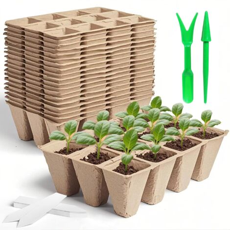 10 pièces, ensemble de gobelets de semis en pulpe à 12 trous-plateau de semis + outils et étiquettes de plantes, gobelet de semis biodégradable et respectueux des racines, adapté à la germination des