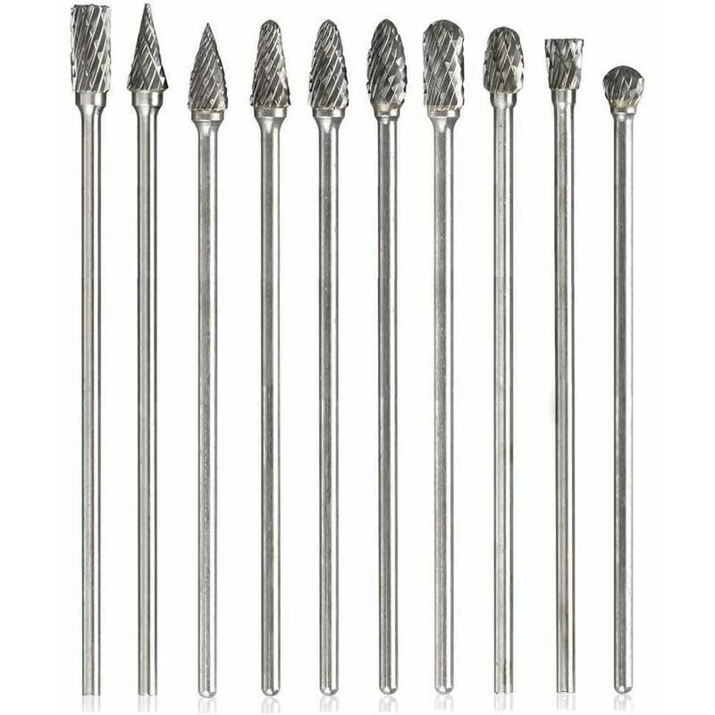 10 pièces fraises rotatives en carbure de tungstène, lone portée double coupe lone fraise rotative avec limes à tige de 3 mm râpe foret hélicoïdal