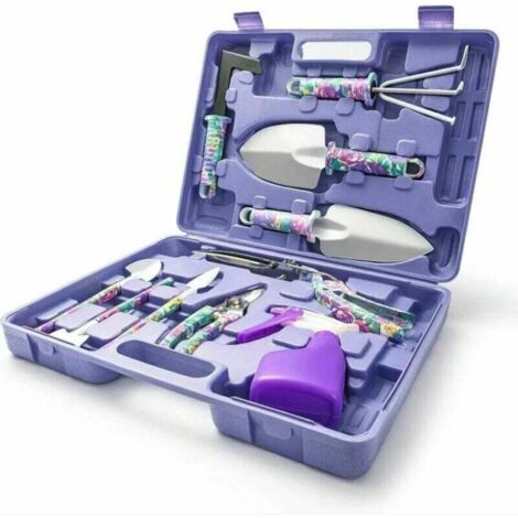 10 Pièces Kit outils du jardinier Outils de Jardinage Kit Cadeau Poignée Ergonomique avec Mallette de Rangement Anti-rouille Truelle Rateau Désherbeur Cisaillement Pulvérisateur Pelle.