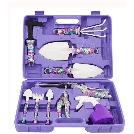 10 Pièces Kit outils du jardinier Outils de Jardinage Kit Cadeau Poignée Ergonomique avec Mallette de Rangement Anti-rouille Truelle Rateau Désherbeur Cisaillement Pulvérisateur Pelle