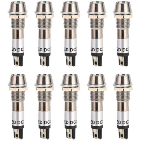 10 pièces Lampe témoin DC 24V, boîtier inoxydable 8mm, voyant vert pour signalisation