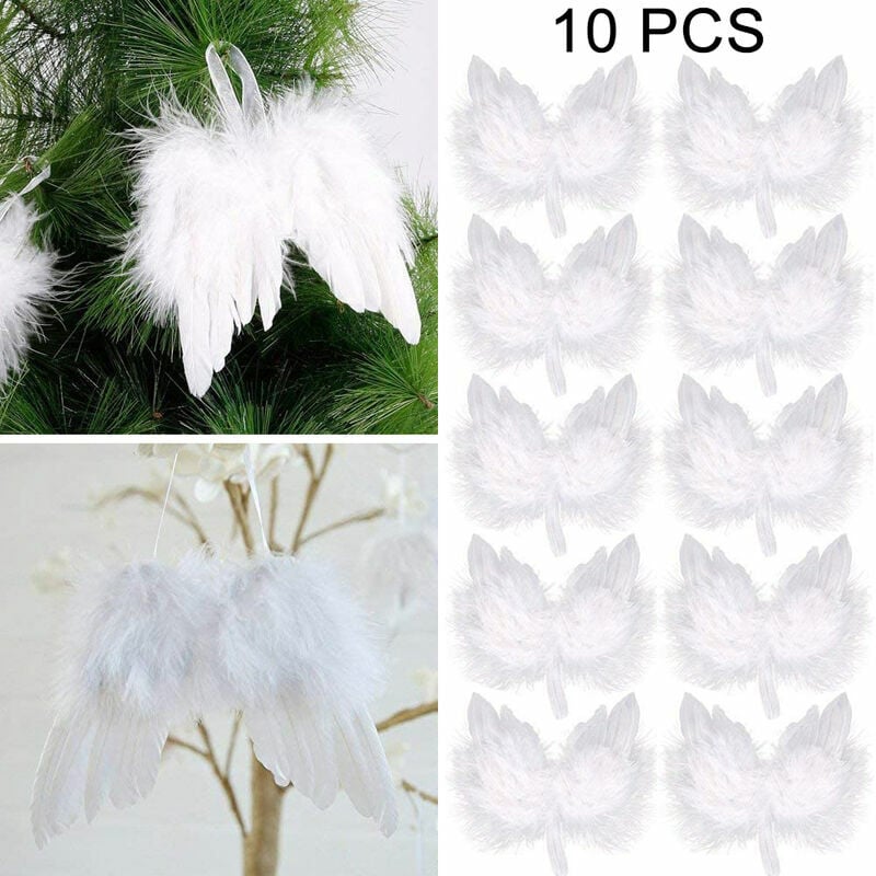 10 pièces Mini ange gardien ailes de plumes d'ange blanc, décoration d'ornement suspendu d'arbre de Noël pour la décoration de fête et de mariage